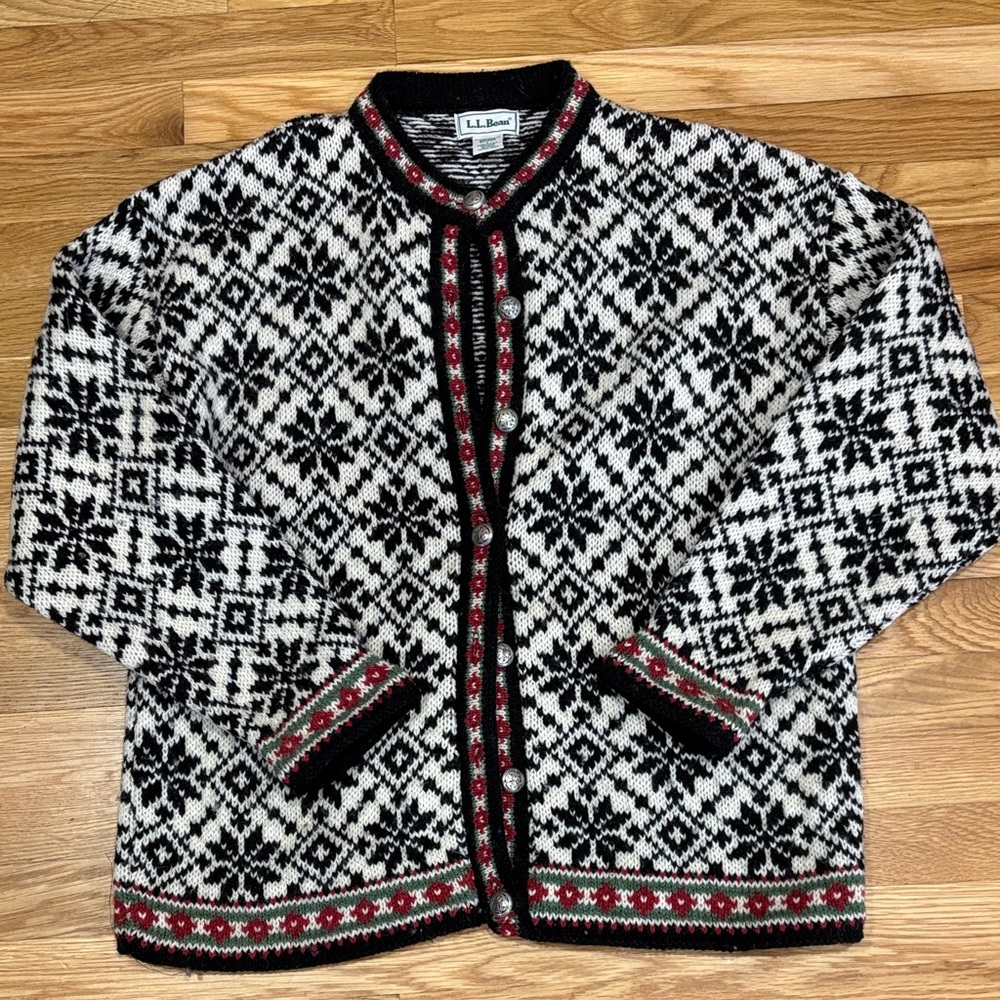 L.L. Bean Nordic Black and White Cardigan with Red Accents